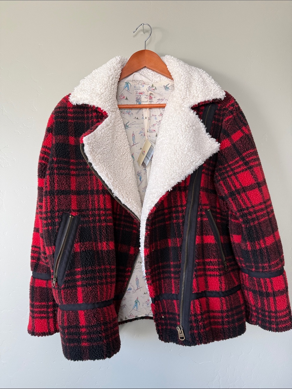 Faherty Red & Black Plaid Teddy Sherpa Jacket